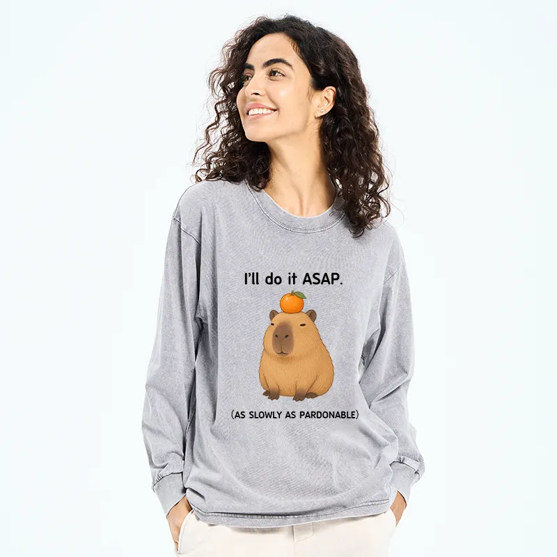Tokyo-Tiger Slow Task Capybara Meme Washed Long Sleeve T-Shirt