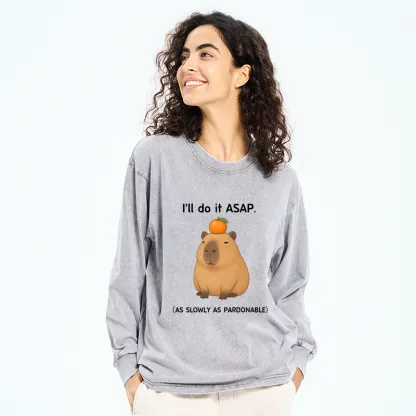 Tokyo-Tiger Slow Task Capybara Meme Washed Long Sleeve T-Shirt