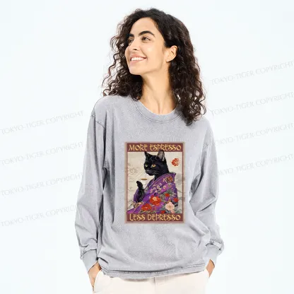 Tokyo-Tiger Japanese Cat Drinking Coffee Washed Long Sleeve T-Shirt