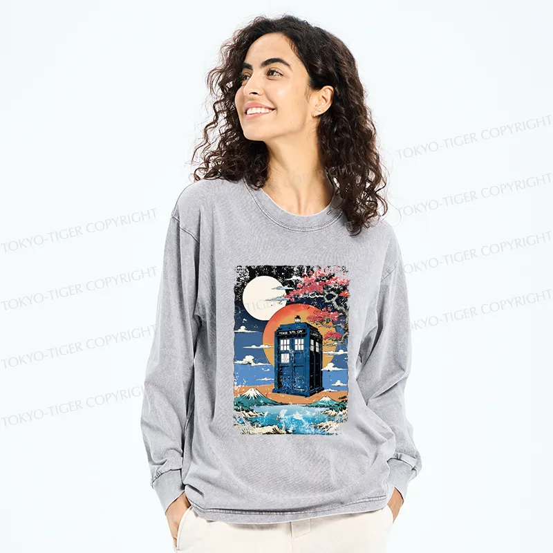 Tokyo-Tiger Tardis Under The Moonlight Washed Long Sleeve T-Shirt