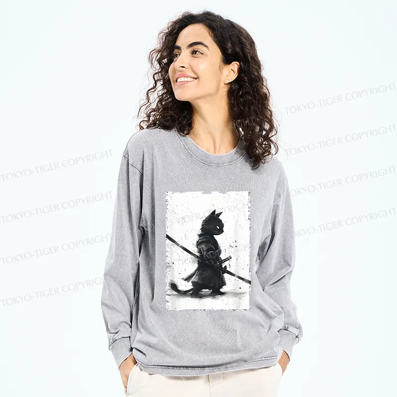 Tokyo-Tiger Retro Cat Samurai Japanese Washed Long Sleeve T-Shirt