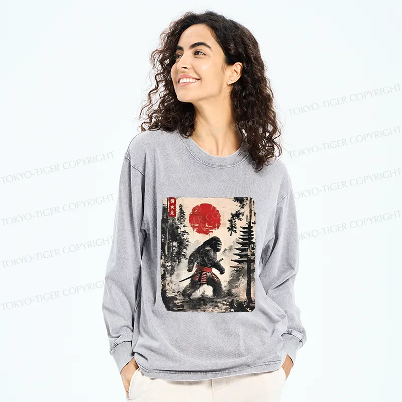 Tokyo-Tiger Japanese Samurai Bigfoot Washed Long Sleeve T-Shirt