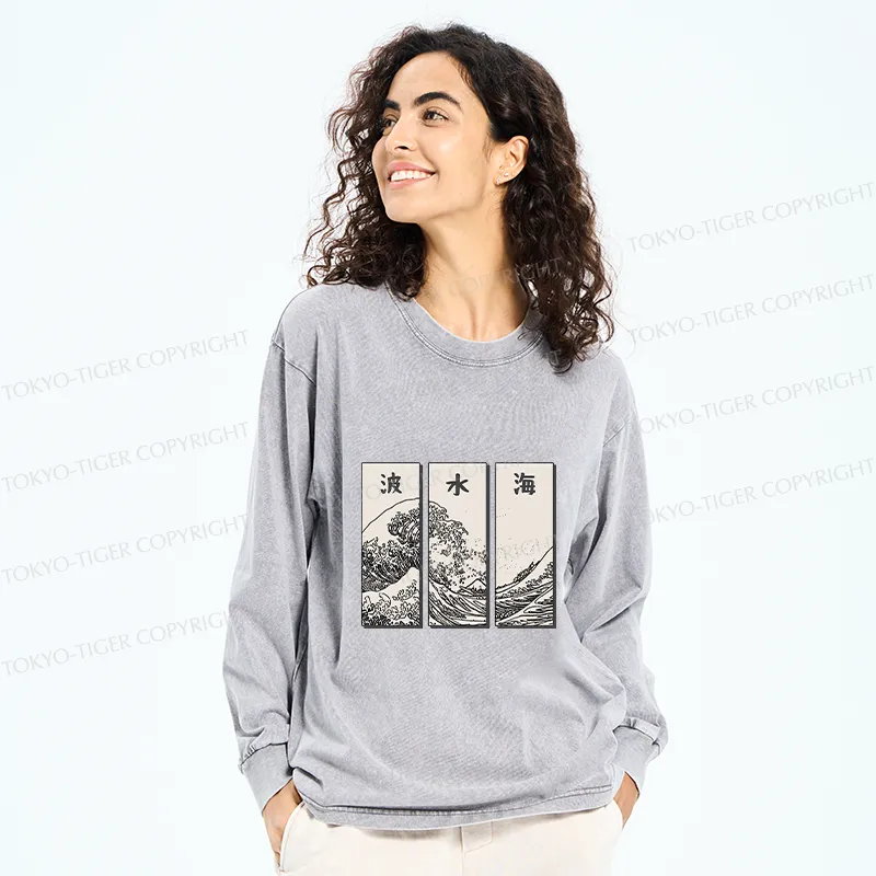 Tokyo-Tiger Japanese Art Wave Washed Long Sleeve T-Shirt