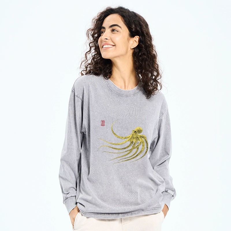 Tokyo-Tiger Retro Octopus Japanese Washed Long Sleeve T-Shirt