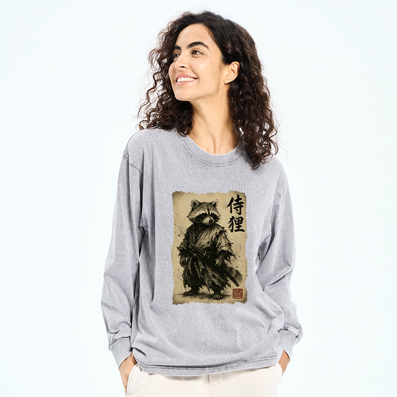 Tokyo-Tiger Retro Raccoon Samurai Washed Long Sleeve T-Shirt