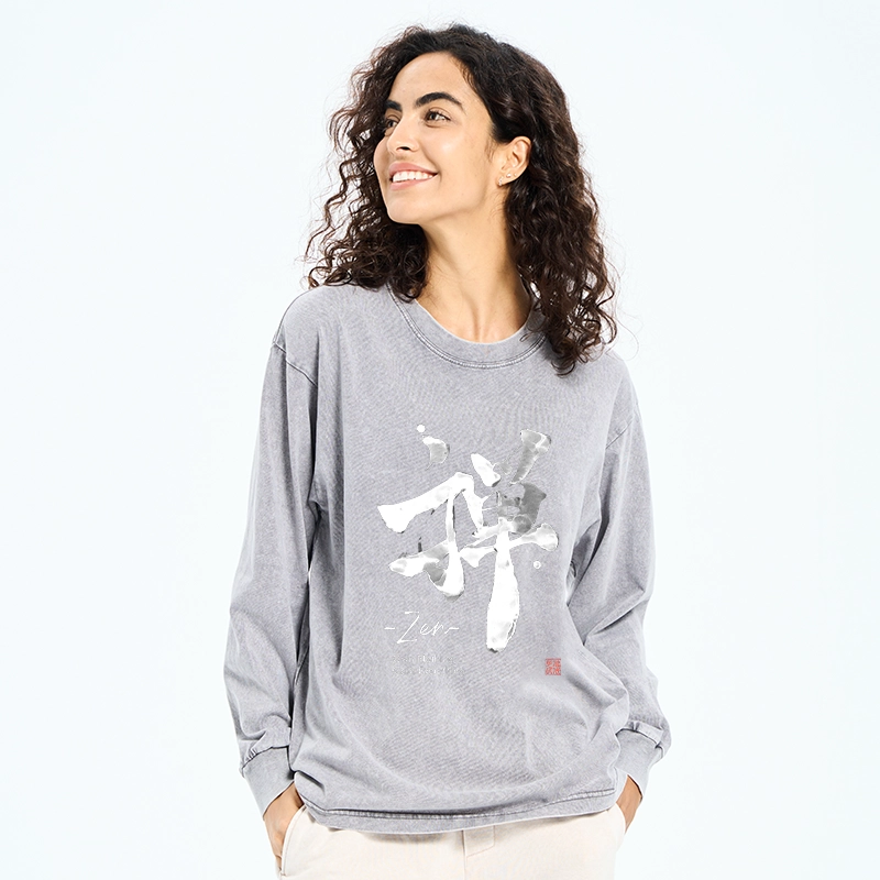 Tokyo-Tiger Zen Texts Washed Long Sleeve T-Shirt