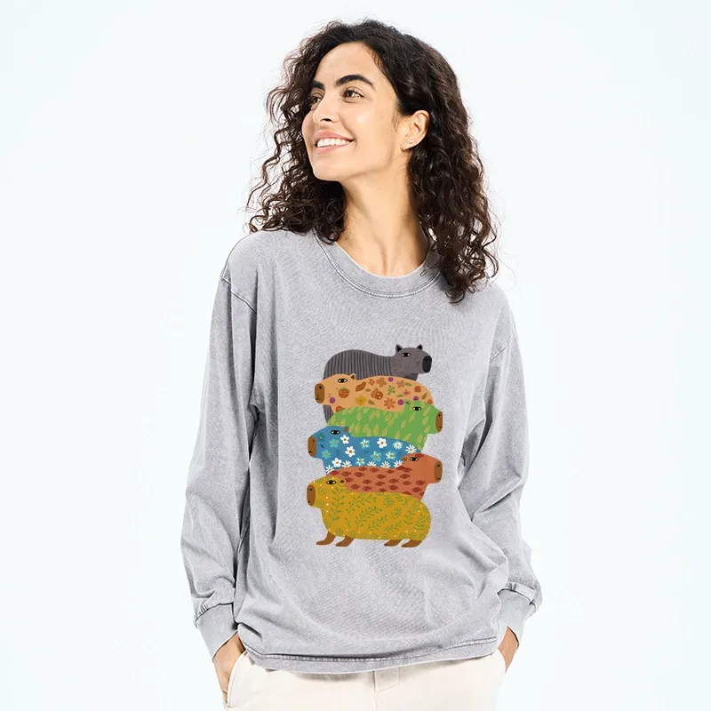 Tokyo-Tiger Colorful Capybaras Washed Long Sleeve T-Shirt