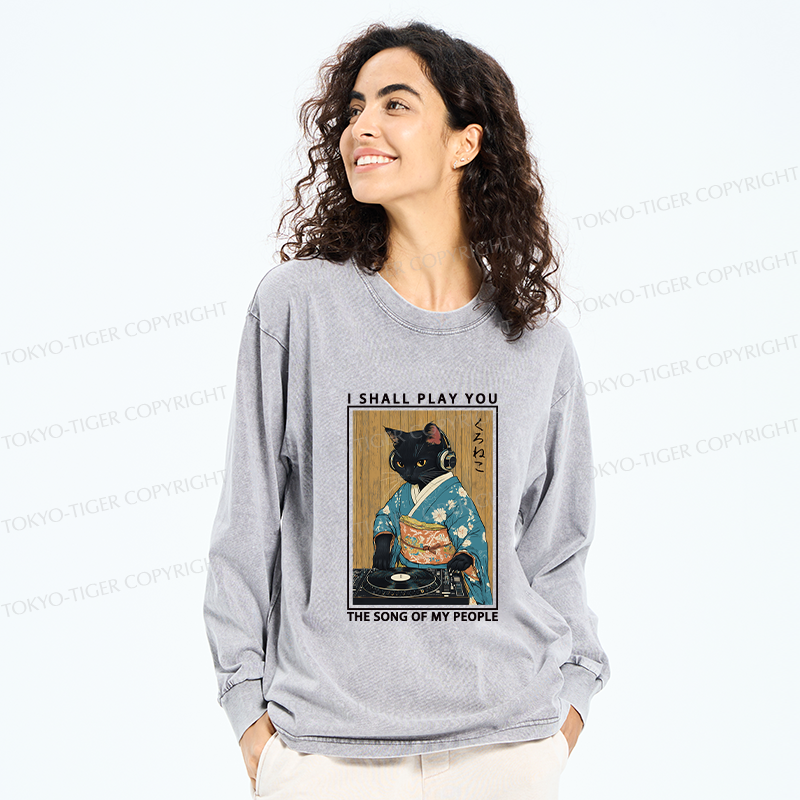 Tokyo-Tiger Funny Playing Music Black Cat Washed Long Sleeve T-Shirt