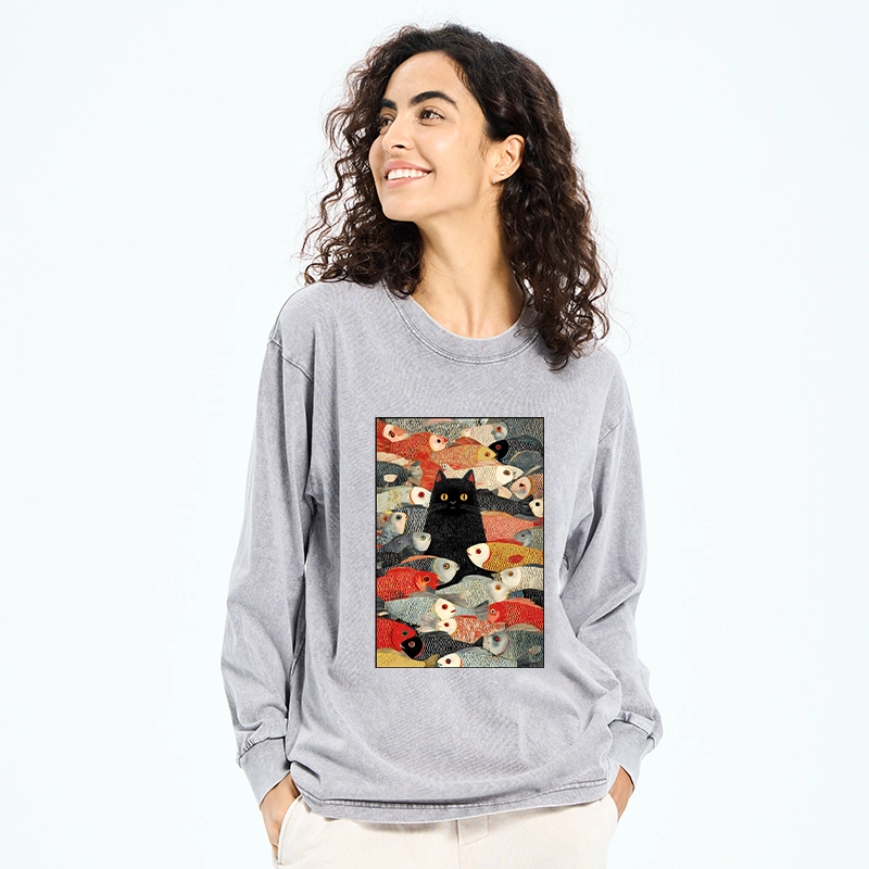 Tokyo-Tiger Cats And Fish Washed Long Sleeve T-Shirt