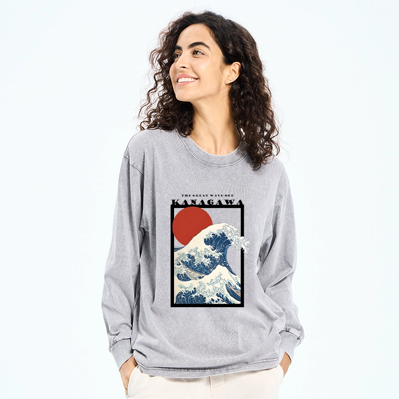 Tokyo-Tiger Minimalist Ukiyo-e Waves Washed Long Sleeve T-Shirt