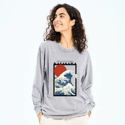 Tokyo-Tiger Minimalist Ukiyo-e Waves Washed Long Sleeve T-Shirt