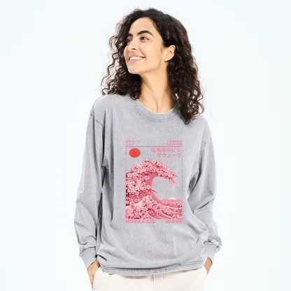 Tokyo-Tiger Sakura Wave Washed Long Sleeve T-Shirt