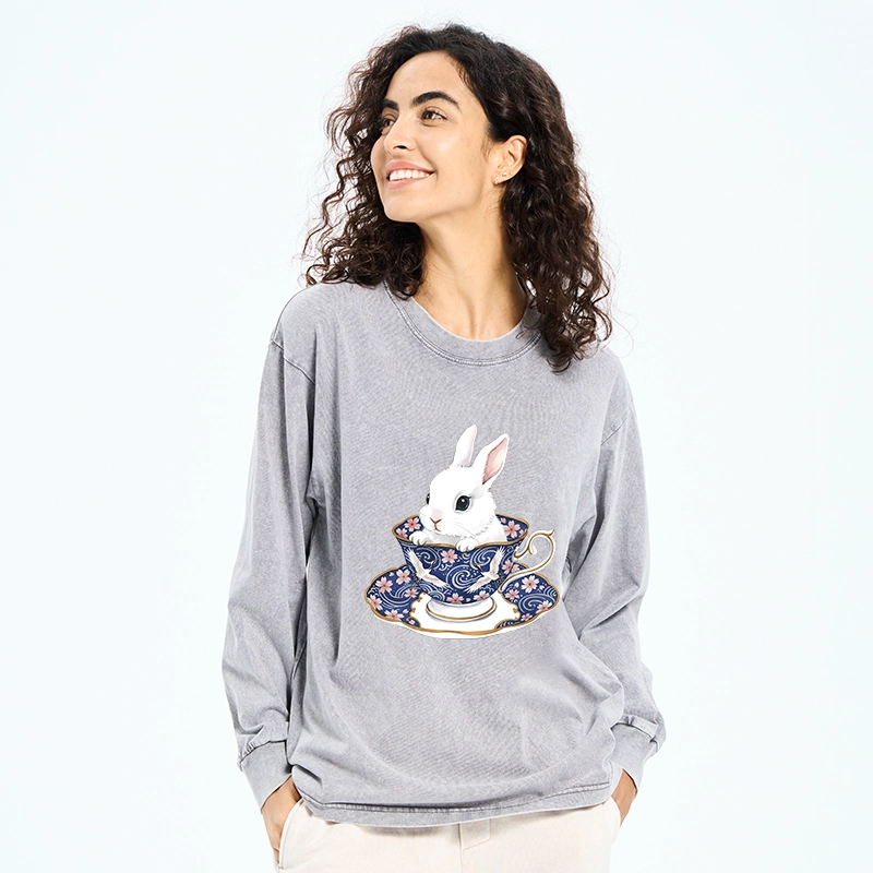 Tokyo-Tiger Cute Rabbit Tea Set Washed Long Sleeve T-Shirt