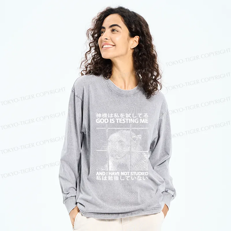 Tokyo-Tiger God Is Testing Me Washed Long Sleeve T-Shirt