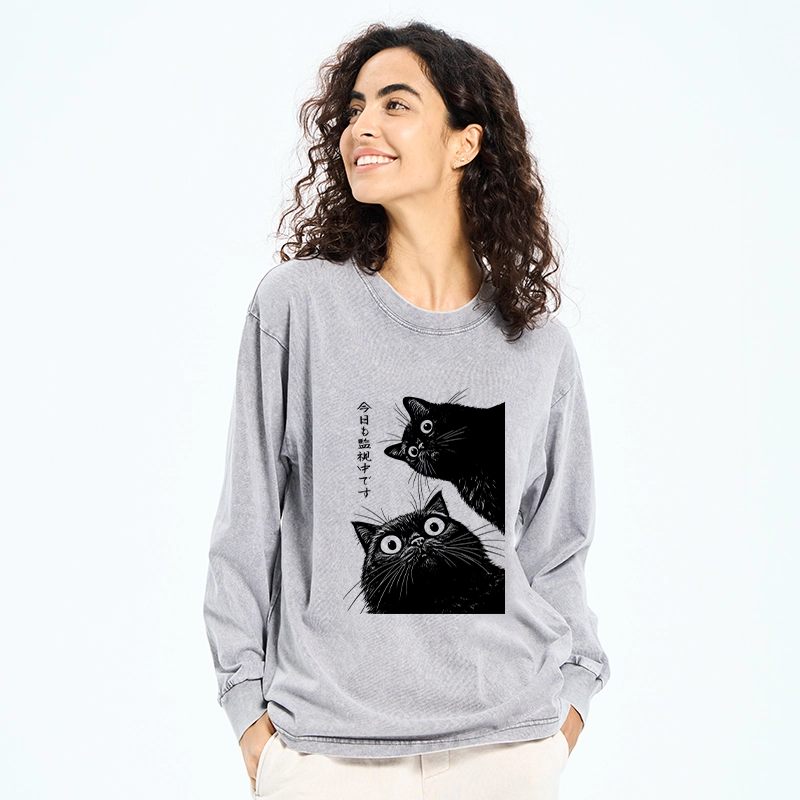 Tokyo-Tiger The Cat Is Watching Today Washed Long Sleeve T-Shirt