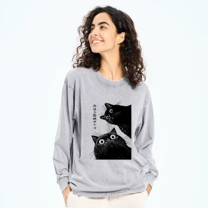 Tokyo-Tiger The Cat Is Watching Today Washed Long Sleeve T-Shirt