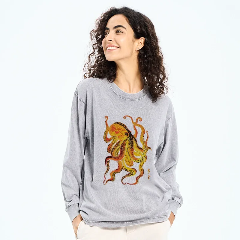 Tokyo-Tiger Deep Sea Gorgeous Octopus Washed Long Sleeve T-Shirt
