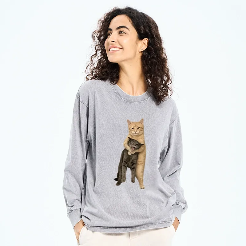 Tokyo-Tiger Orange Cat’s Tight Embrace Washed Long Sleeve T-Shirt