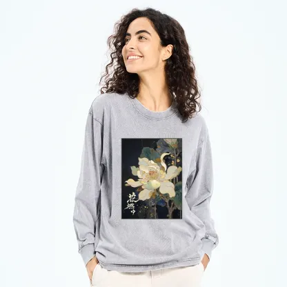 Tokyo-Tiger Lotus Adorned With Golden Specks Washed Long Sleeve T-Shirt