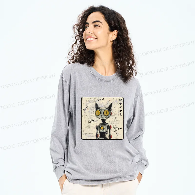 Tokyo-Tiger Robot Cat Washed Long Sleeve T-Shirt