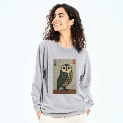 Tokyo-Tiger Traditional Owl In Japanese Art Washed Long Sleeve T-Shirt