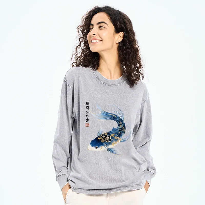 Tokyo-Tiger Elegant Koi Fish Watercolor Art Washed Long Sleeve T-Shirt