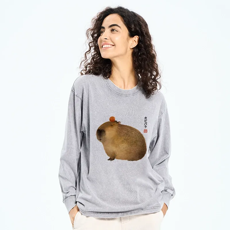 Tokyo-Tiger Calm Capybara Illustration Washed Long Sleeve T-Shirt
