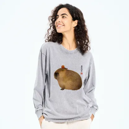 Tokyo-Tiger Calm Capybara Illustration Washed Long Sleeve T-Shirt