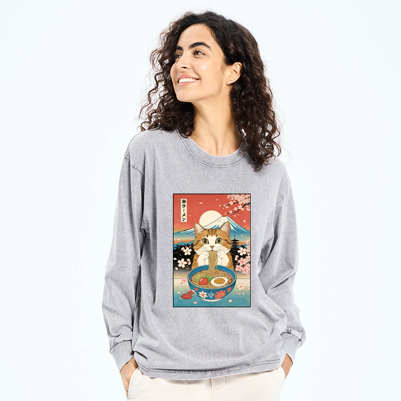 Tokyo-Tiger Funny Orange Cat Eating Ramen Japan Washed Long Sleeve T-Shirt