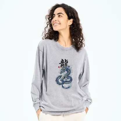 Tokyo-Tiger Mythic Blue Dragon Washed Long Sleeve T-Shirt