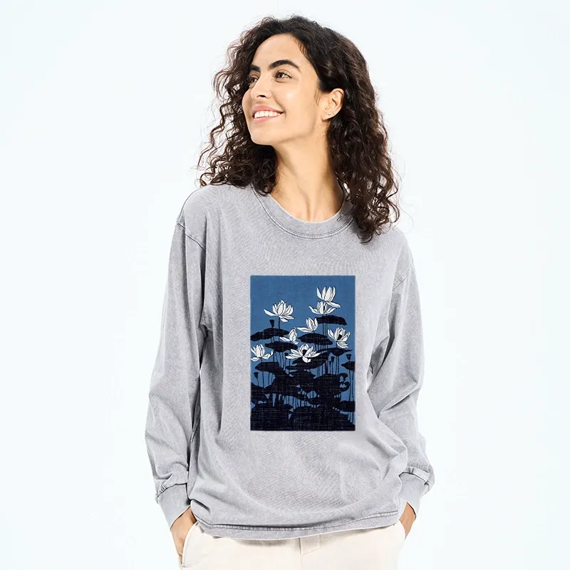 Tokyo-Tiger Blue Lotus Japanese Art Long Sleeve T-Shirt