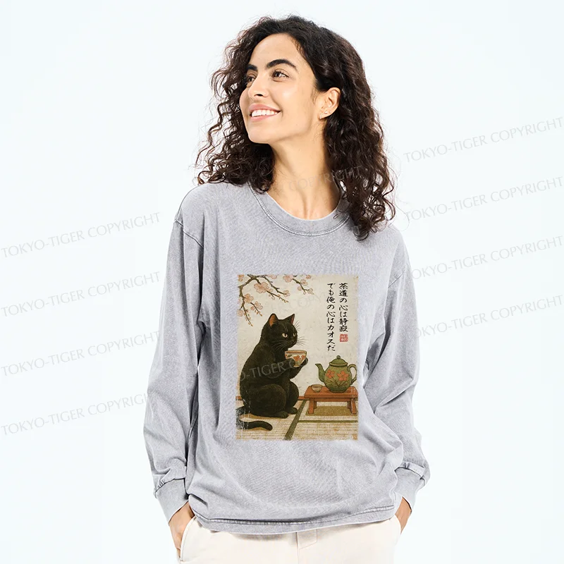 Tokyo-Tiger Tea Time With A Black Cat Washed Long Sleeve T-Shirt