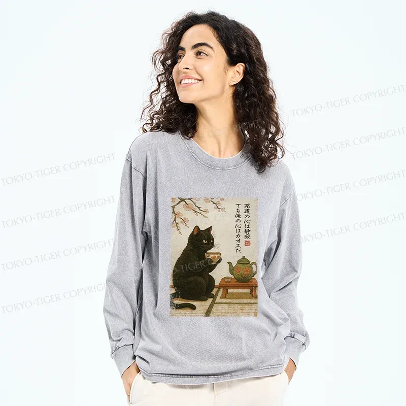 Tokyo-Tiger Tea Time With A Black Cat Washed Long Sleeve T-Shirt