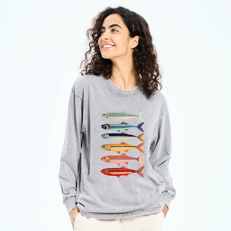 Tokyo-Tiger Colorful Fish Stack Washed Long Sleeve T-Shirt