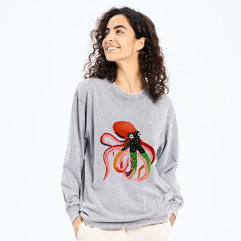 Tokyo-Tiger Colorful Octopus Art Washed Long Sleeve T-Shirt