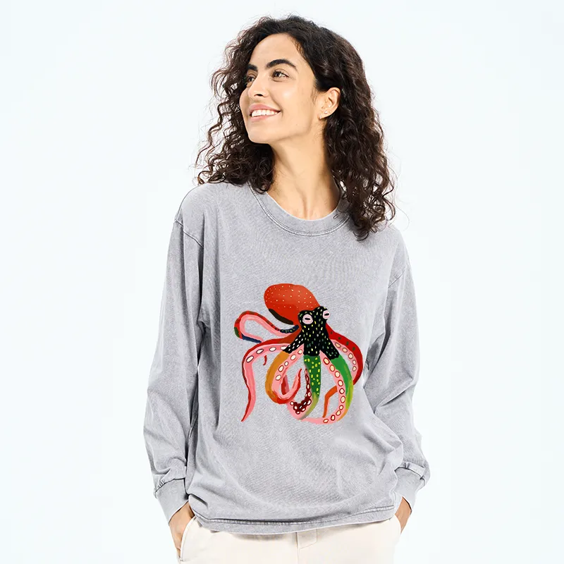 Tokyo-Tiger Colorful Octopus Art Washed Long Sleeve T-Shirt