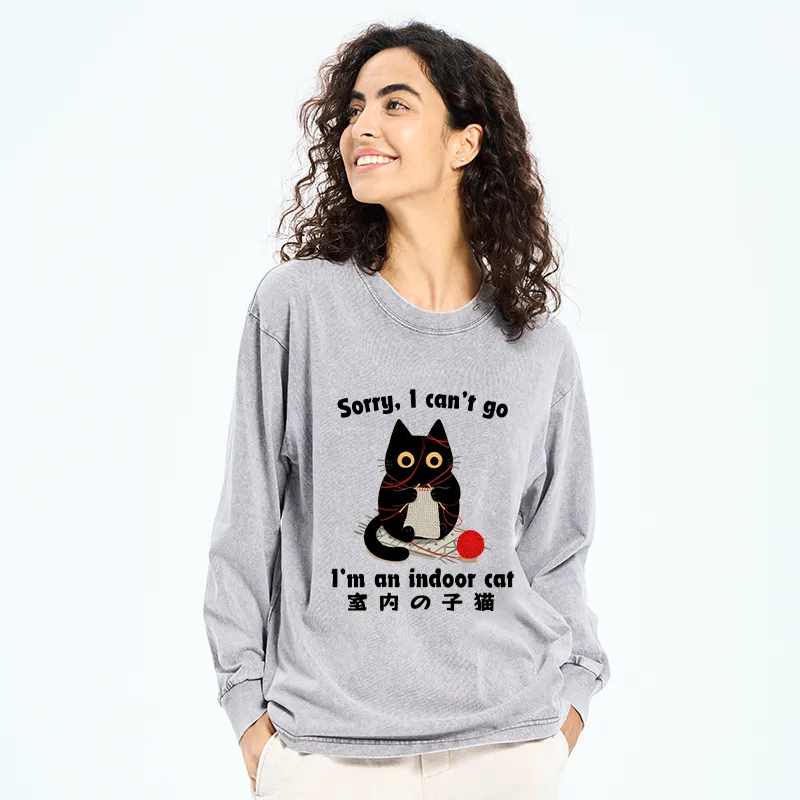 Tokyo-Tiger Indoor Cat Meme Washed Long Sleeve T-Shirt