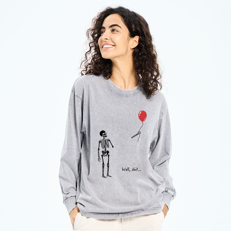 Tokyo-Tiger Skeleton Balloon Meme Washed Long Sleeve T-Shirt