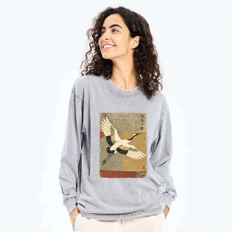 Tokyo-Tiger Crane Spirit Washed Long Sleeve T-Shirt