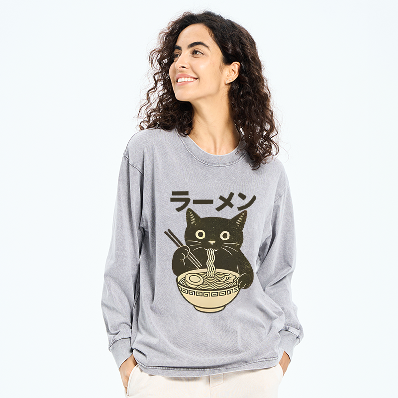 Tokyo-Tiger Simple Black Cat Eating Ramen Washed Long Sleeve T-Shirt