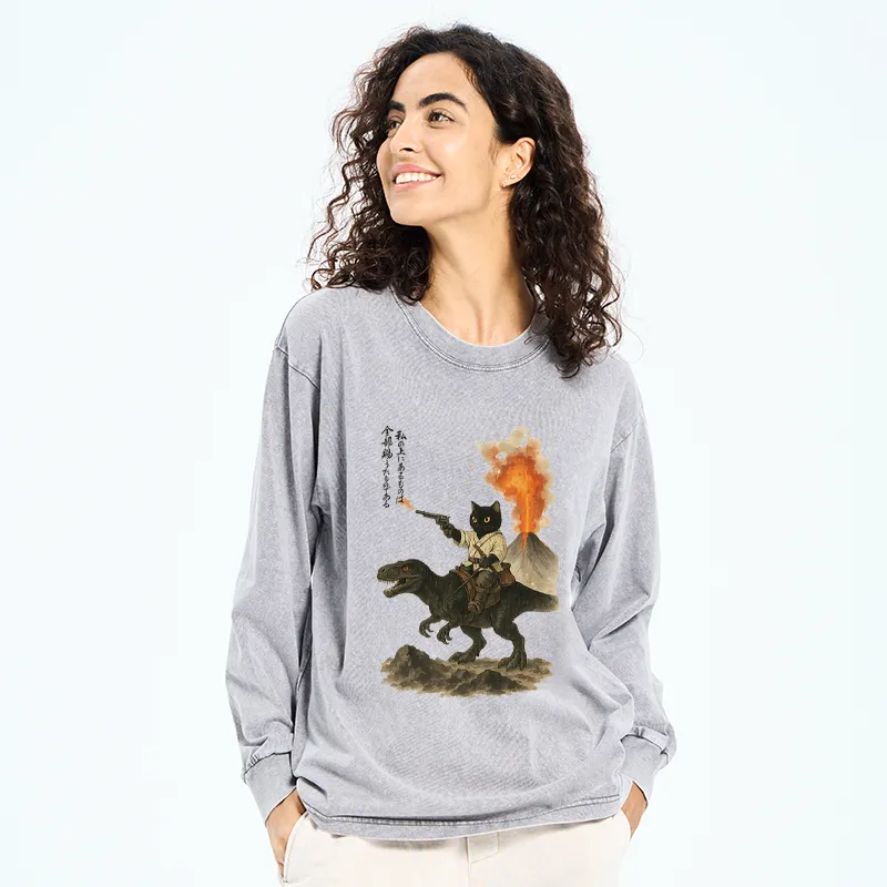 Tokyo-Tiger Cat Riding A Dinosaur Washed Long Sleeve T-Shirt