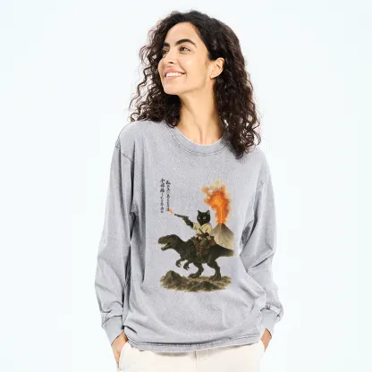 Tokyo-Tiger Cat Riding A Dinosaur Washed Long Sleeve T-Shirt
