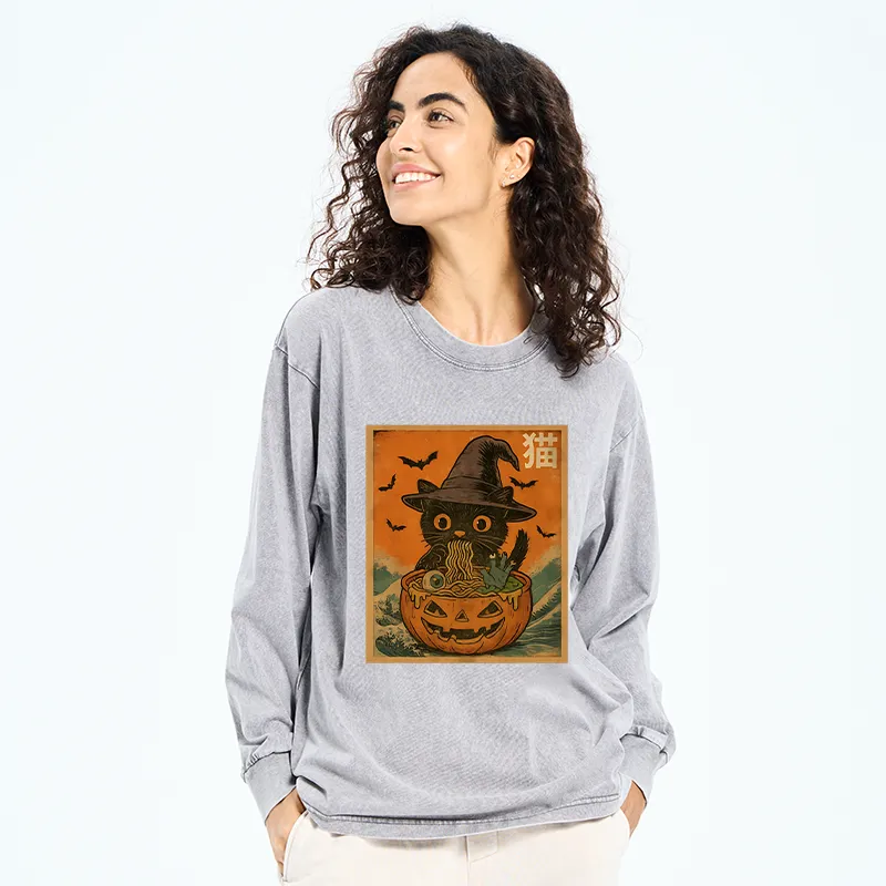 Tokyo-Tiger Halloween Cat Eating Ramen Washed Long Sleeve T-Shirt