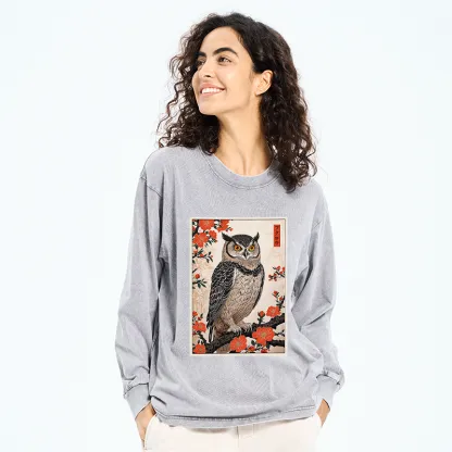Tokyo-Tiger Vintage Japanese Owl Washed Long Sleeve T-Shirt