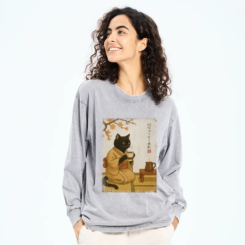 Tokyo-Tiger Cat Heart Full Of Coffee Washed Long Sleeve T-Shirt