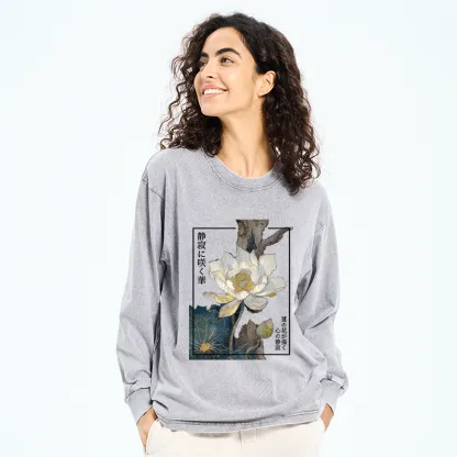 Tokyo-Tiger Blooming Lotus Japan Washed Long Sleeve T-Shirt