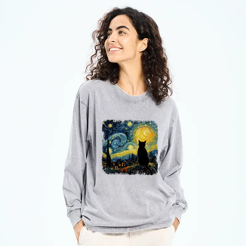 Tokyo-Tiger The Starry Night Cat Washed Long Sleeve T-Shirt
