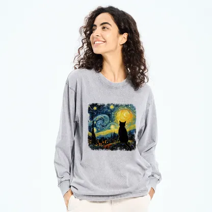 Tokyo-Tiger The Starry Night Cat Washed Long Sleeve T-Shirt