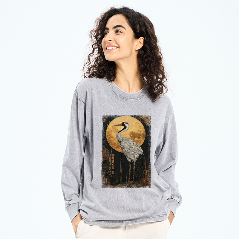 Tokyo-Tiger Vintage Japanese Crane Kanji Washed Long Sleeve T-Shirt