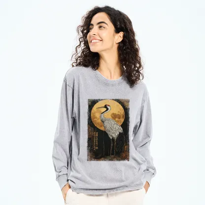 Tokyo-Tiger Vintage Japanese Crane Kanji Washed Long Sleeve T-Shirt